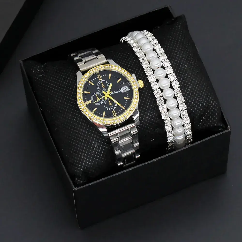 Women's Gold Dial Watch with Pearl & Diamond Bracelet Set - Image 5