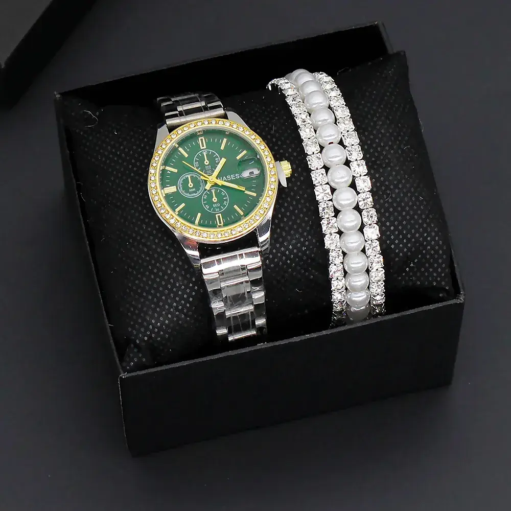Women's Gold Dial Watch with Pearl & Diamond Bracelet Set - Image 6