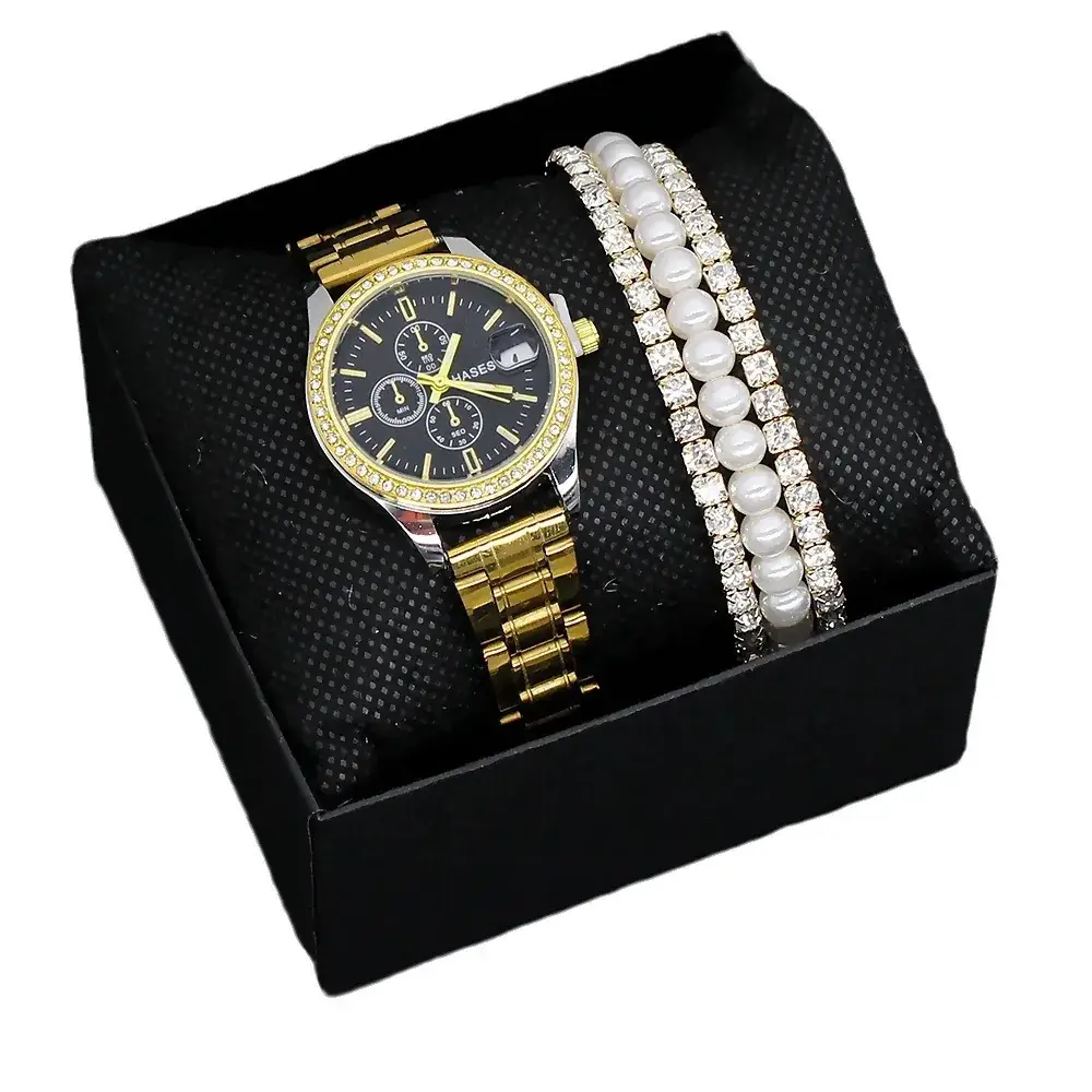 Women's Gold Dial Watch with Pearl & Diamond Bracelet Set - Image 14