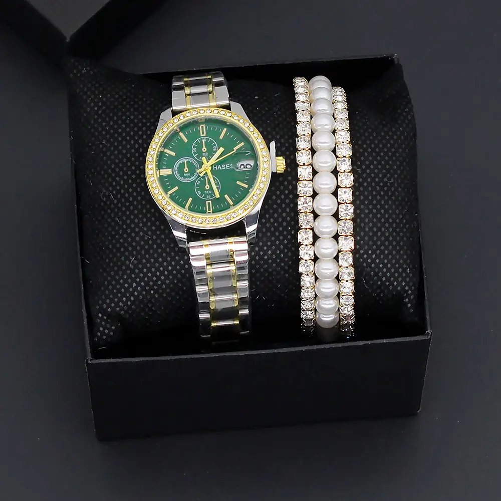 Women's Gold Dial Watch with Pearl & Diamond Bracelet Set — feature 10