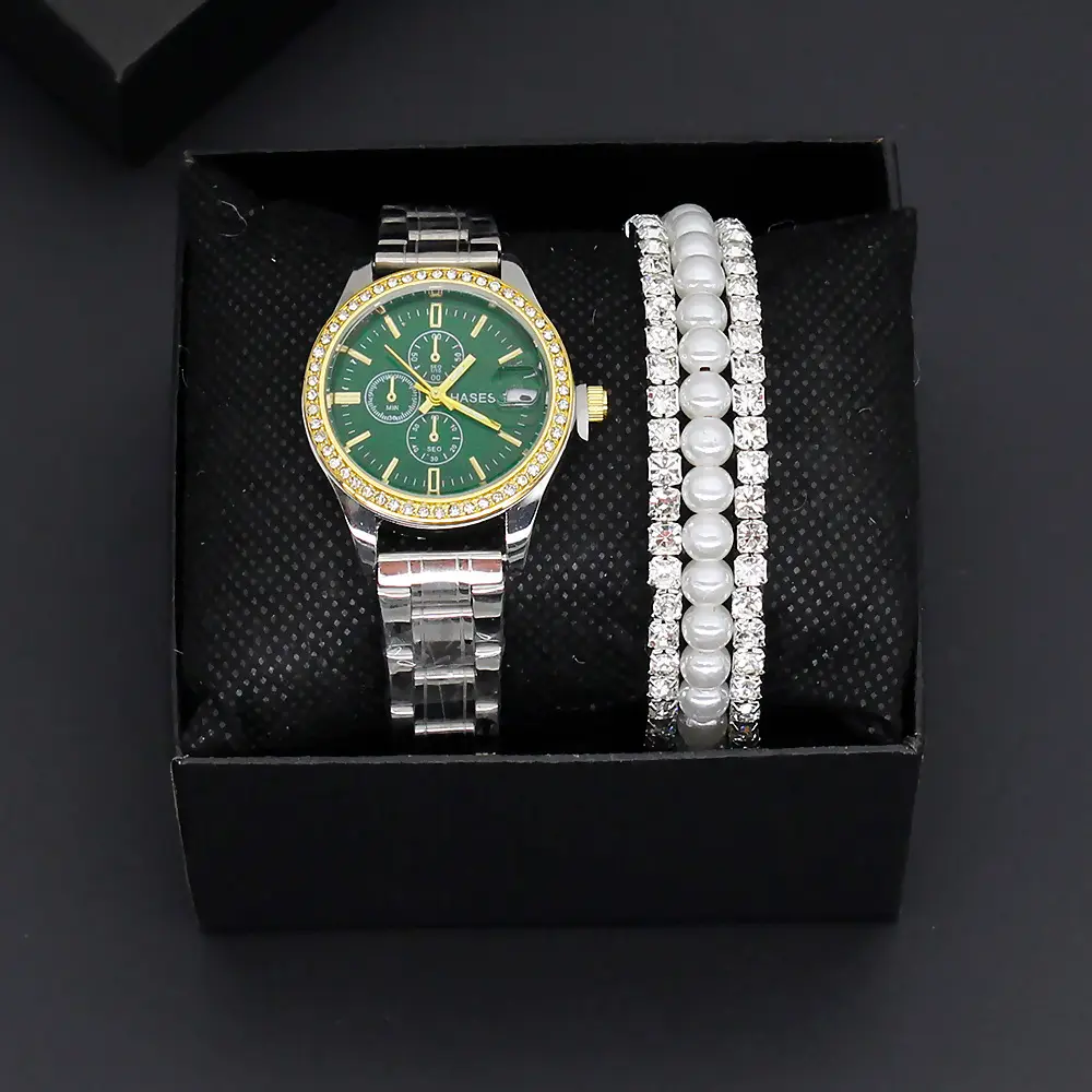 Women's Gold Dial Watch with Pearl & Diamond Bracelet Set — feature 11