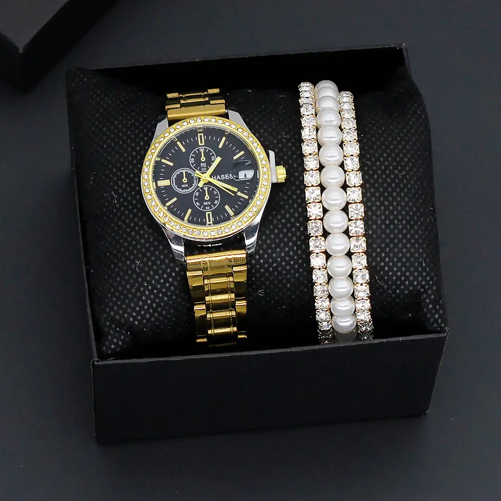 Women's Gold Dial Watch with Pearl & Diamond Bracelet Set — feature 12