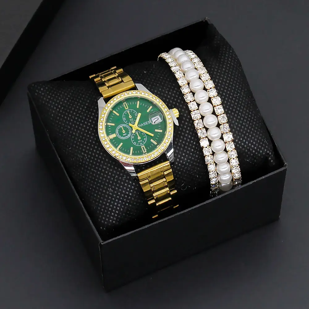 Women's Gold Dial Watch with Pearl & Diamond Bracelet Set — feature 2