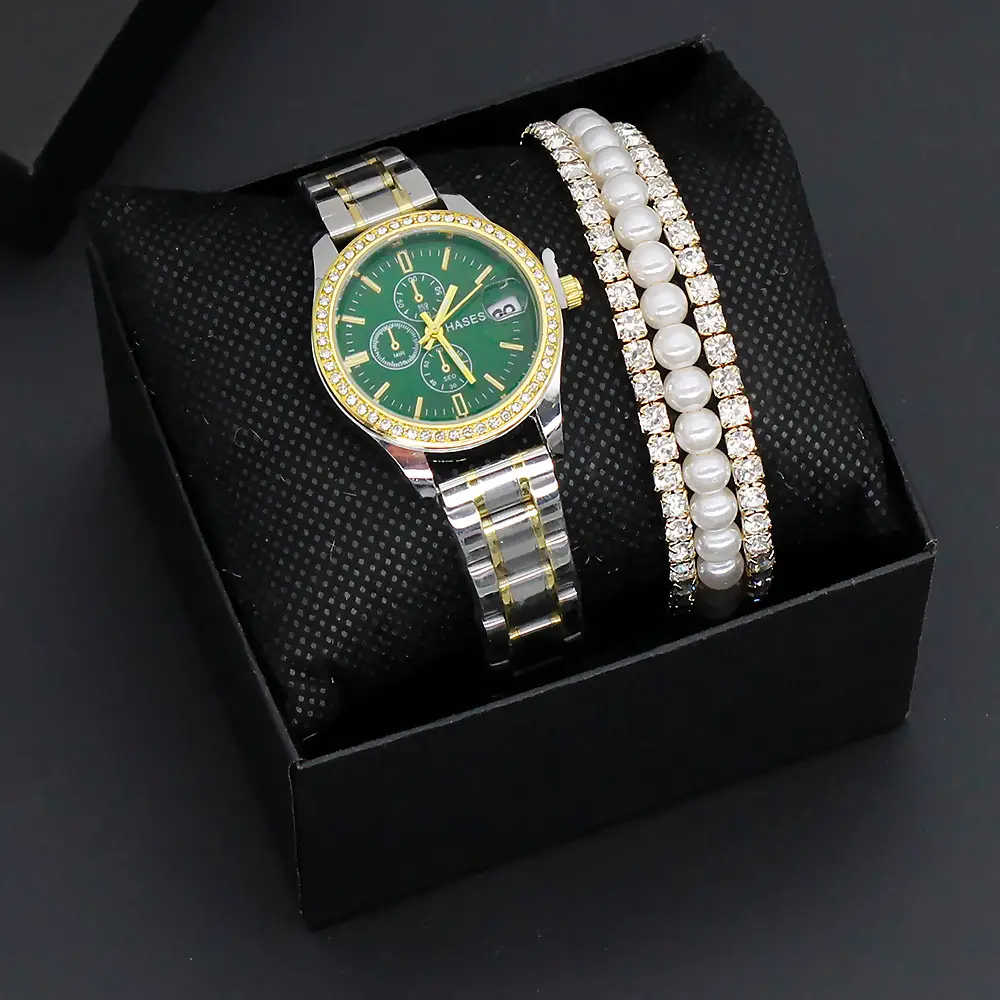 Women's Gold Dial Watch with Pearl & Diamond Bracelet Set — feature 4
