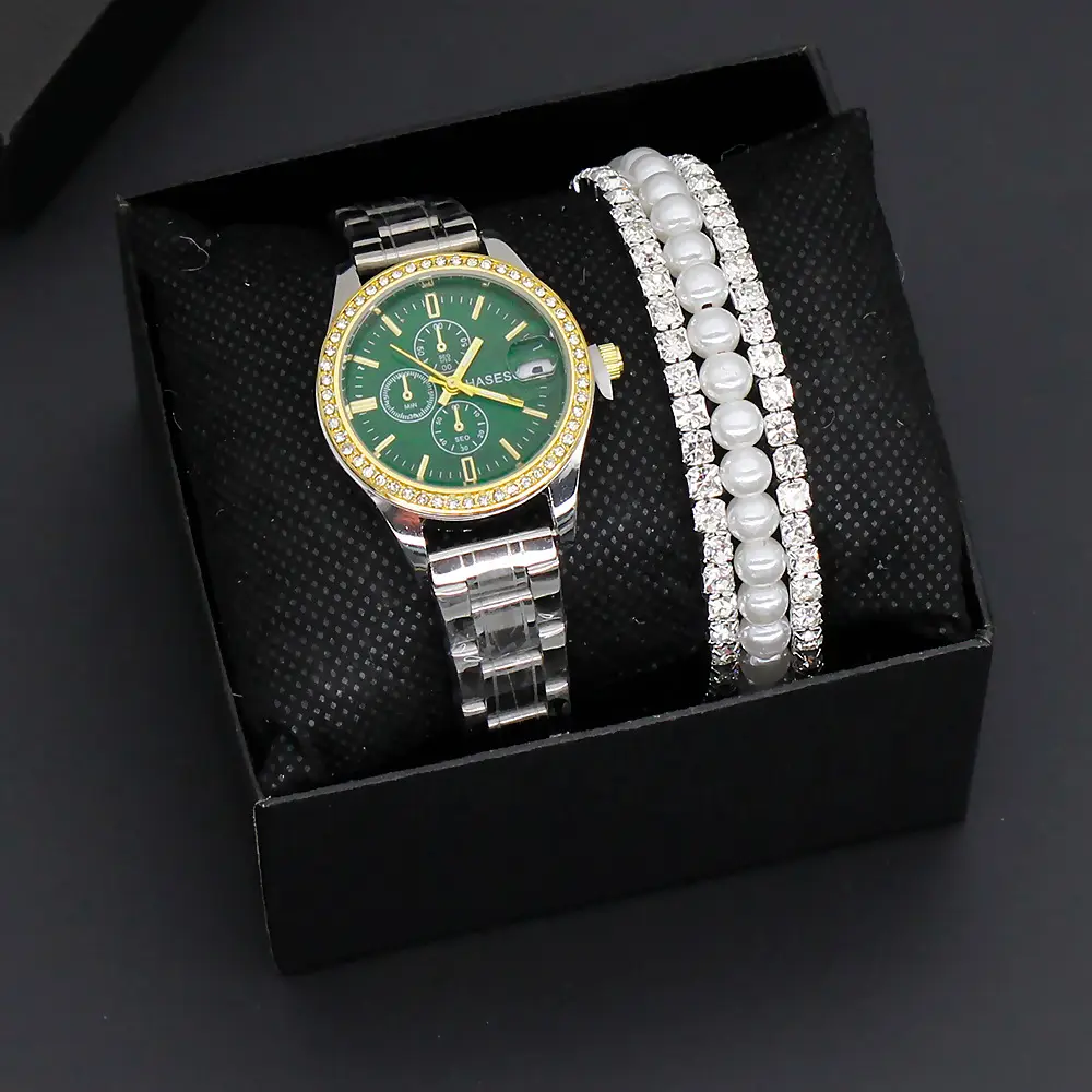 Women's Gold Dial Watch with Pearl & Diamond Bracelet Set — feature 5