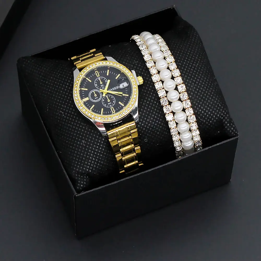 Women's Gold Dial Watch with Pearl & Diamond Bracelet Set — feature 6