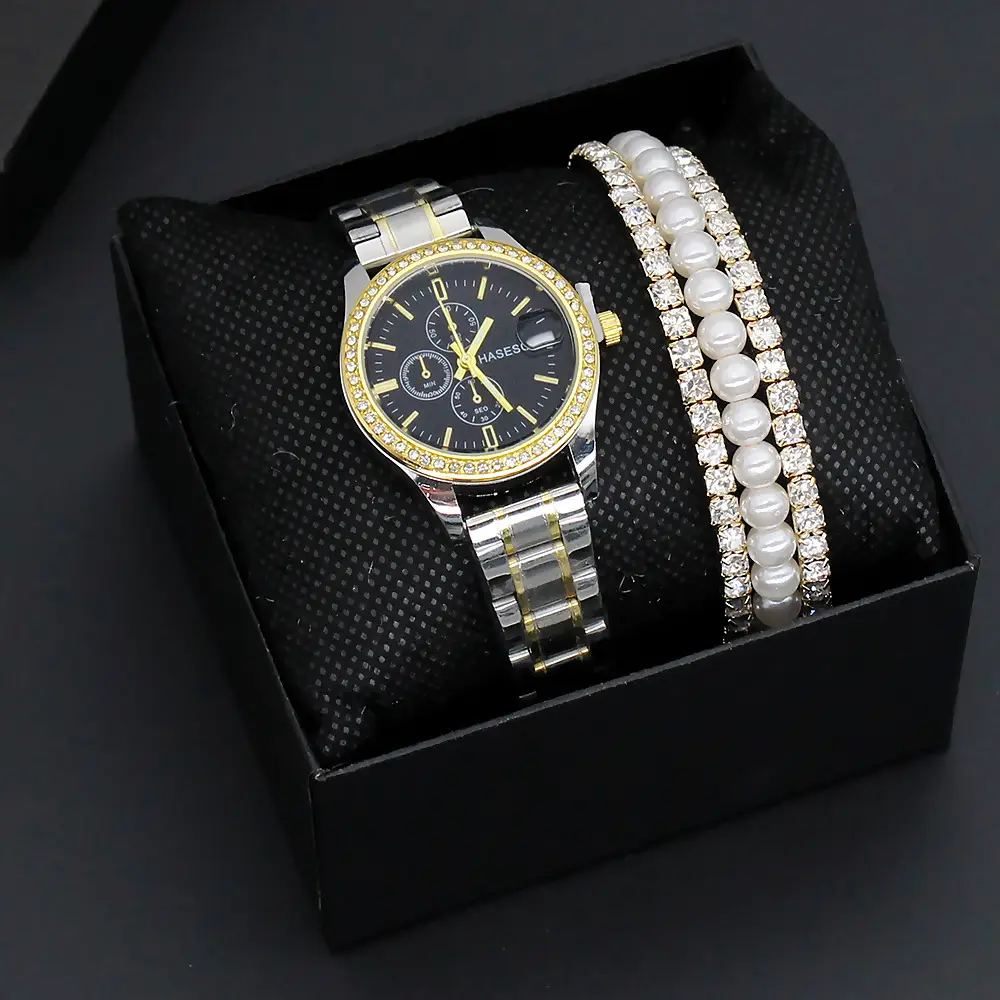 Women's Gold Dial Watch with Pearl & Diamond Bracelet Set — feature 7
