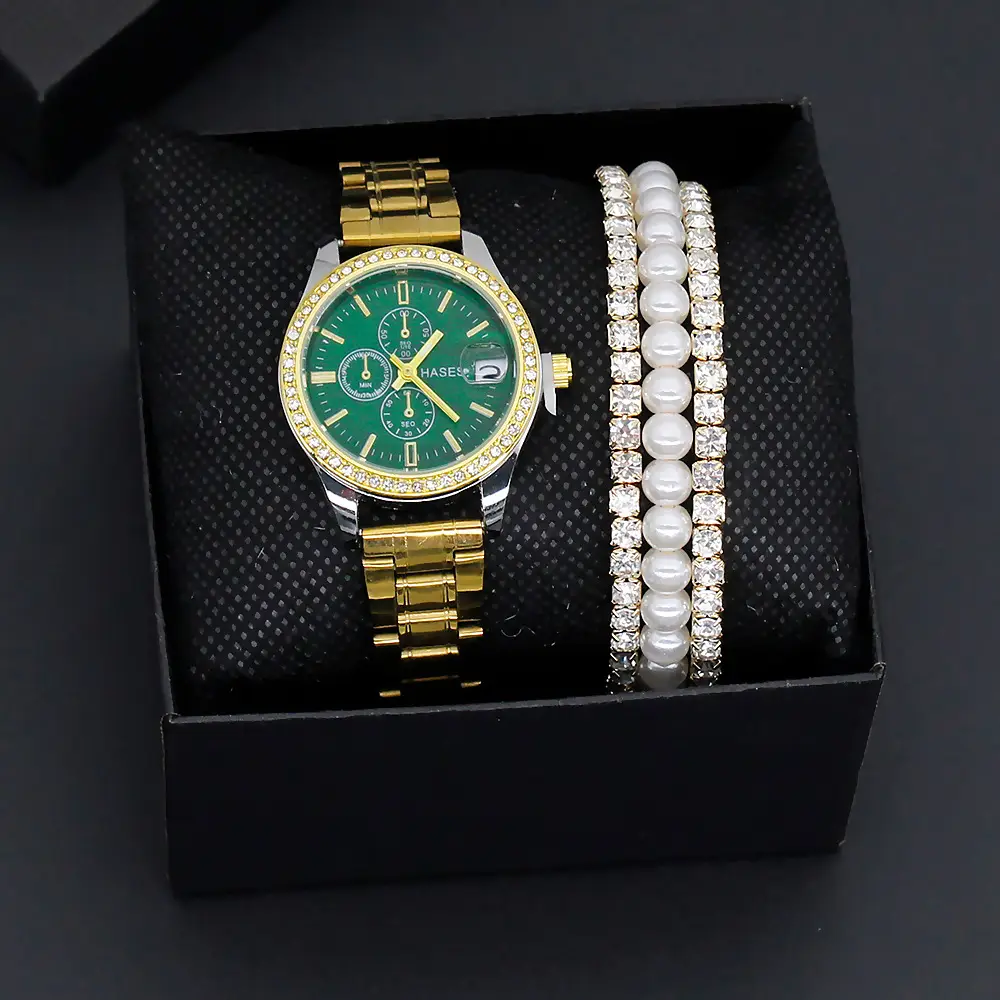 Women's Gold Dial Watch with Pearl & Diamond Bracelet Set — feature 8