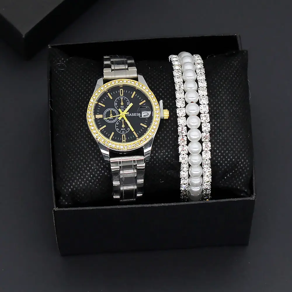 Women's Gold Dial Watch with Pearl & Diamond Bracelet Set — feature 9