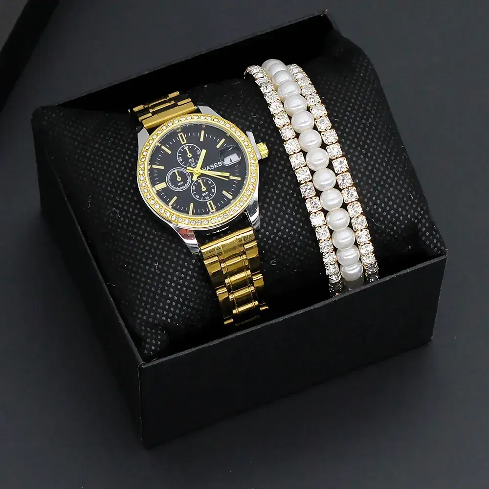 Women's Gold Dial Watch with Pearl & Diamond Bracelet Set - Image 3