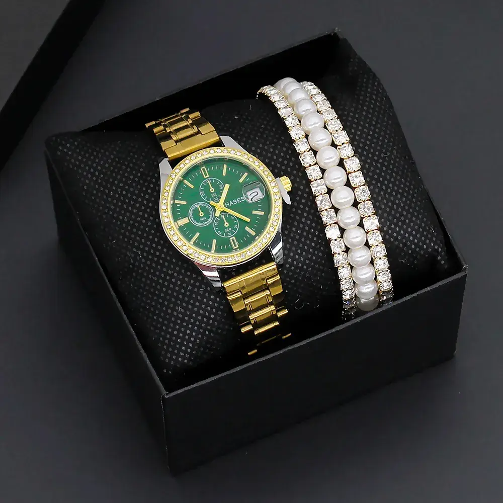 Women's Gold Dial Watch with Pearl & Diamond Bracelet Set - Image 4