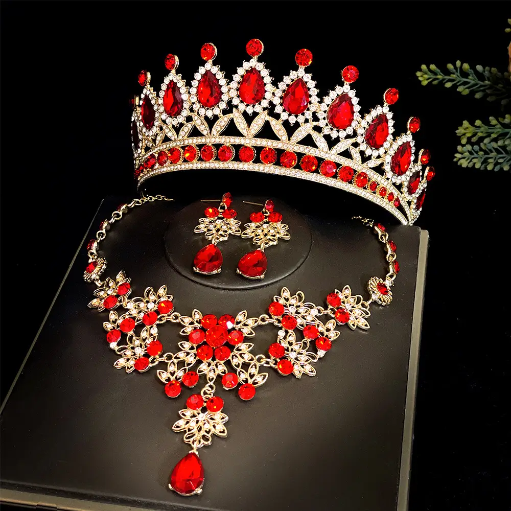 Korean Bridal Crown Headdress Necklace Earrings Set - Image 2