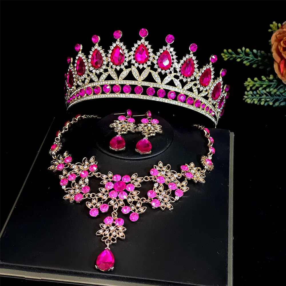 Korean Bridal Crown Headdress Necklace Earrings Set - Image 5