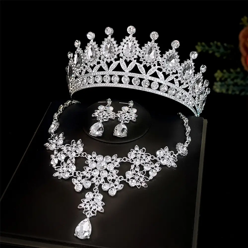 Korean Bridal Crown Headdress Necklace Earrings Set - Image 4