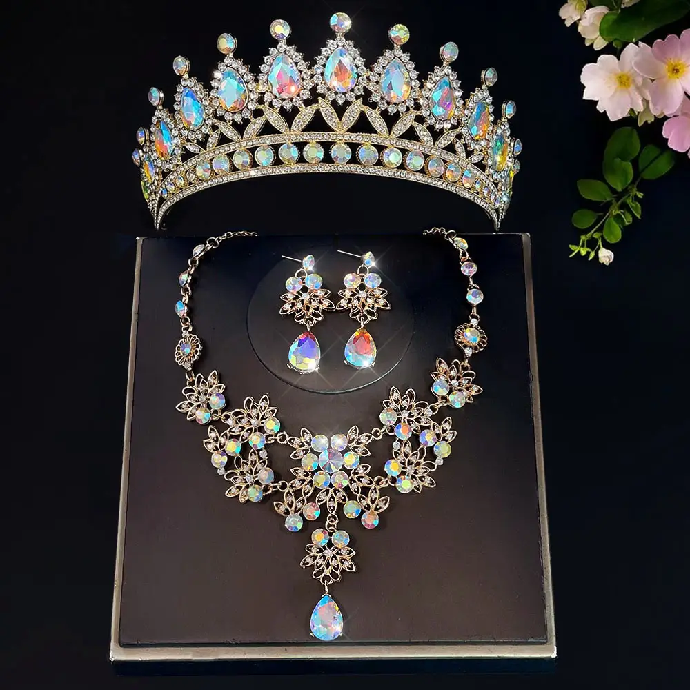 Korean Bridal Crown Headdress Necklace Earrings Set - Image 9
