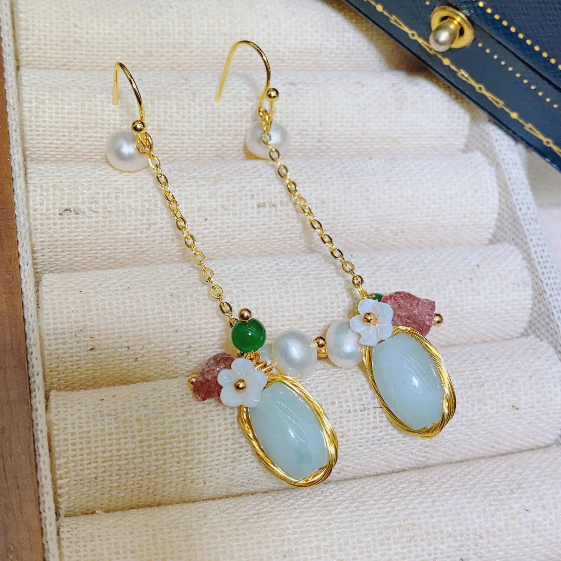 Chinese Court Style Pearl Earrings with Green & Pink Accents