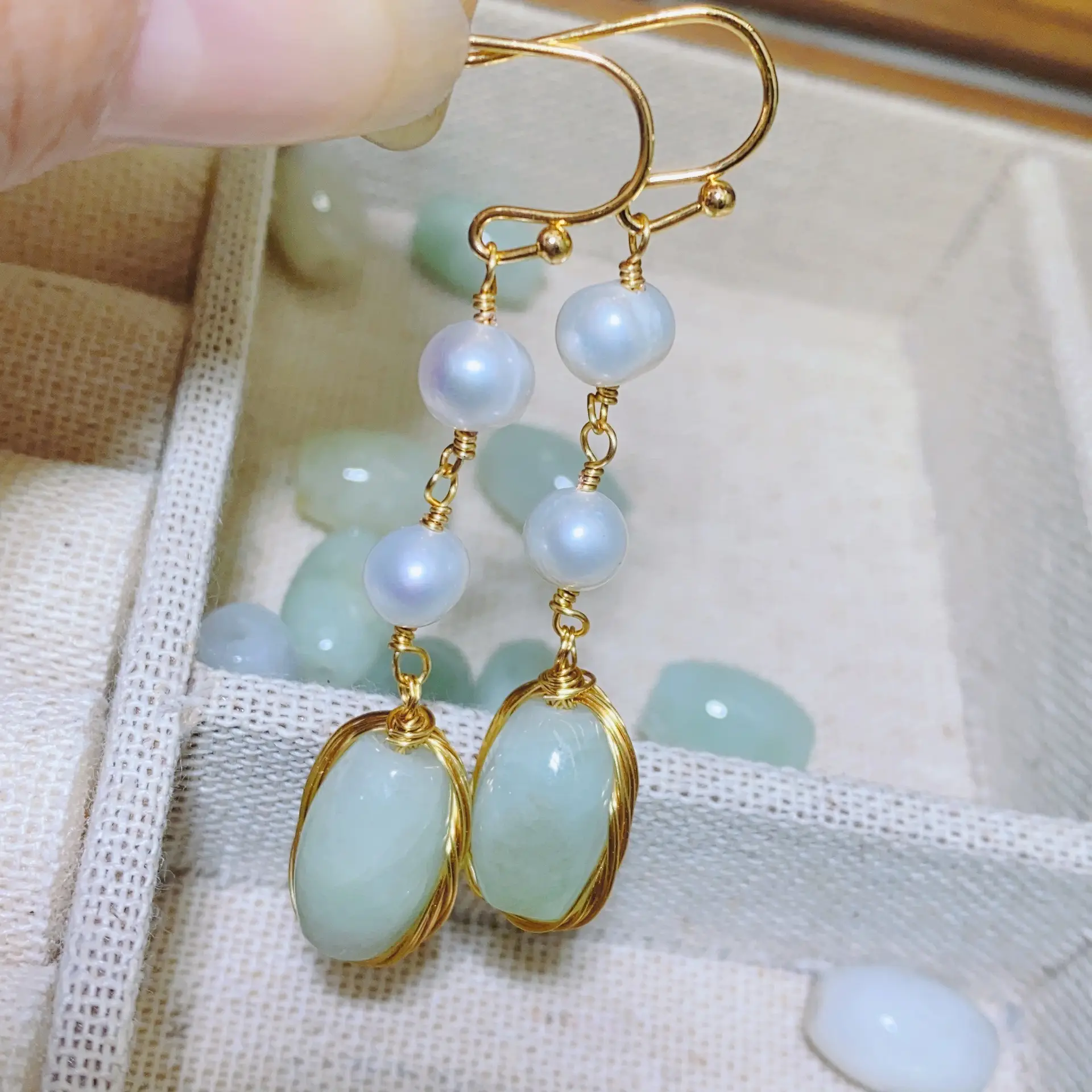 Chinese Court Style Pearl Earrings with Green & Pink Accents