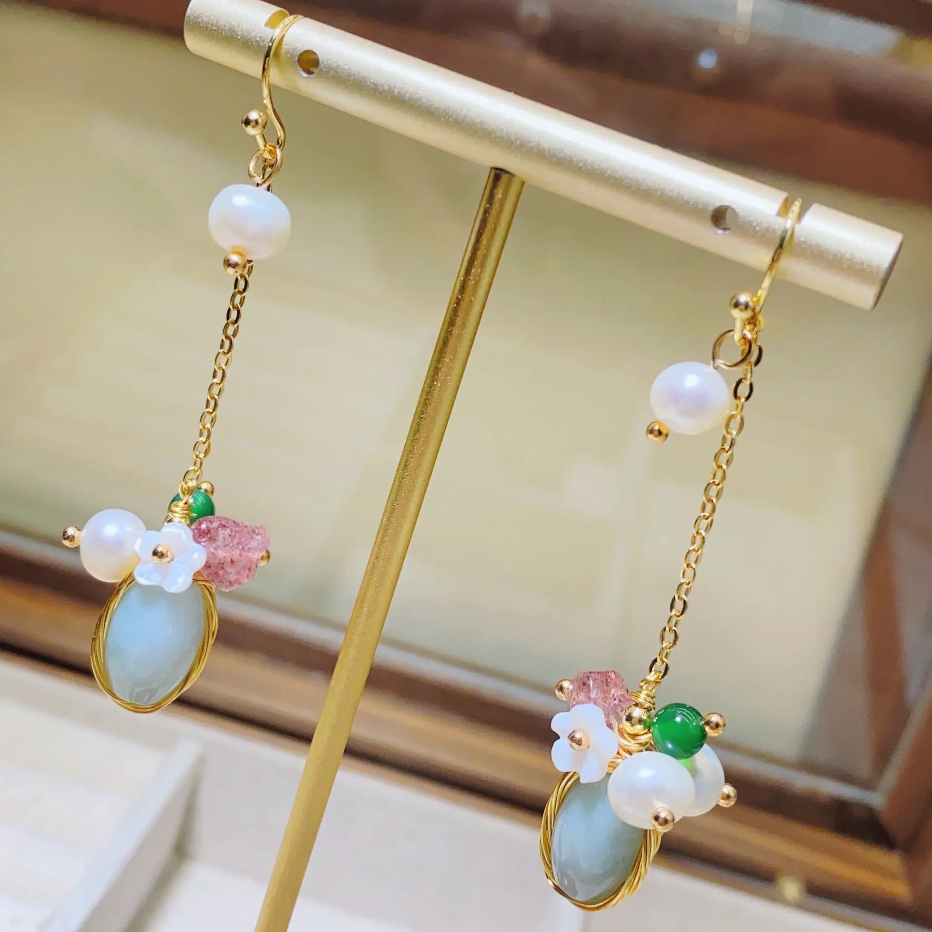 Chinese Court Style Pearl Earrings with Green & Pink Accents