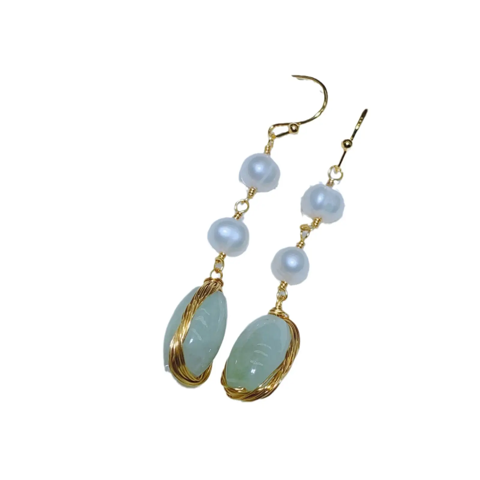 Chinese Court Style Pearl Earrings with Green & Pink Accents