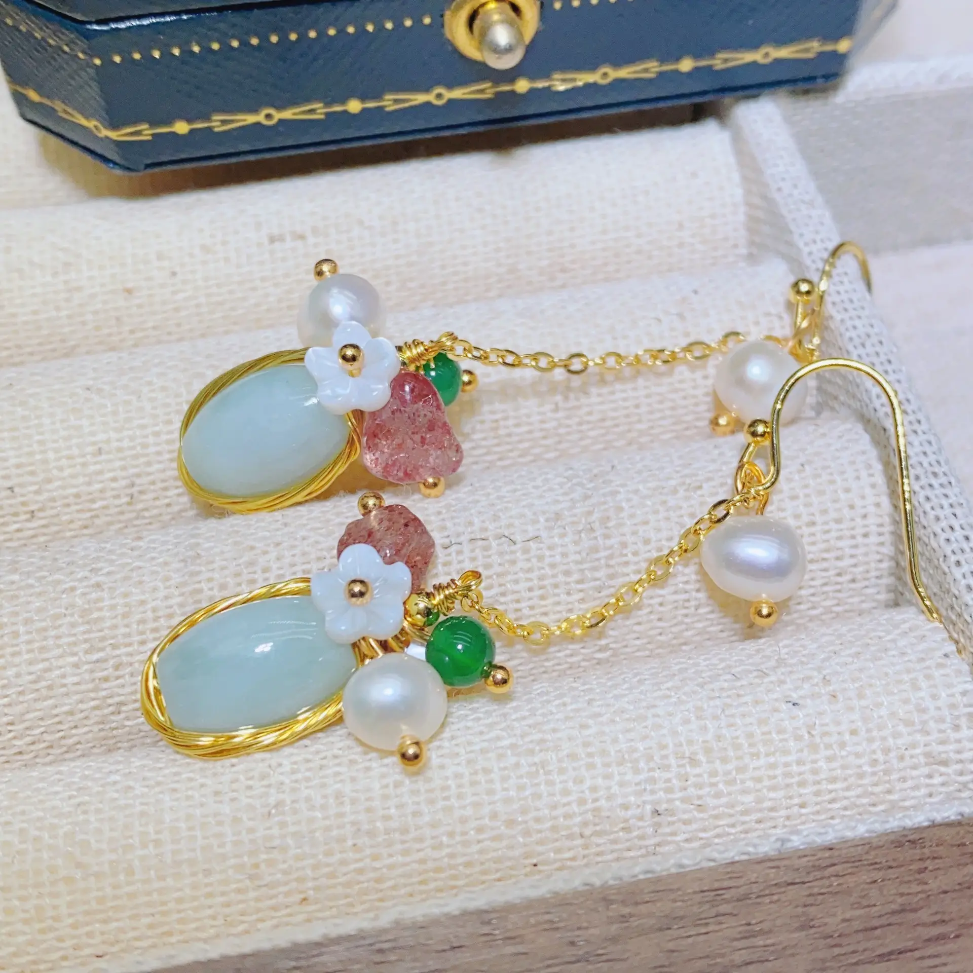 Chinese Court Style Pearl Earrings with Green & Pink Accents — feature 10