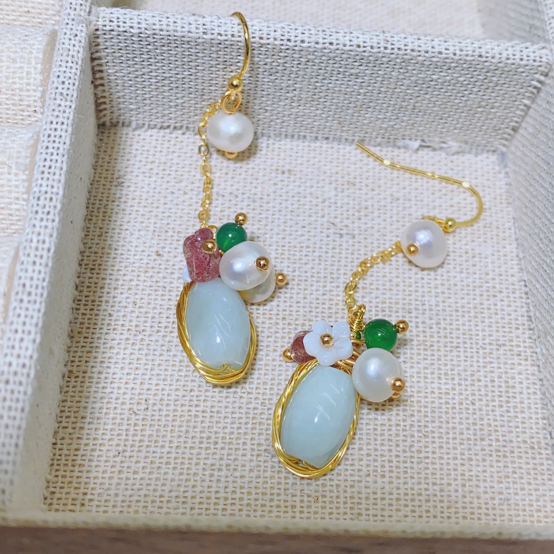 Chinese Court Style Pearl Earrings with Green & Pink Accents — feature 13