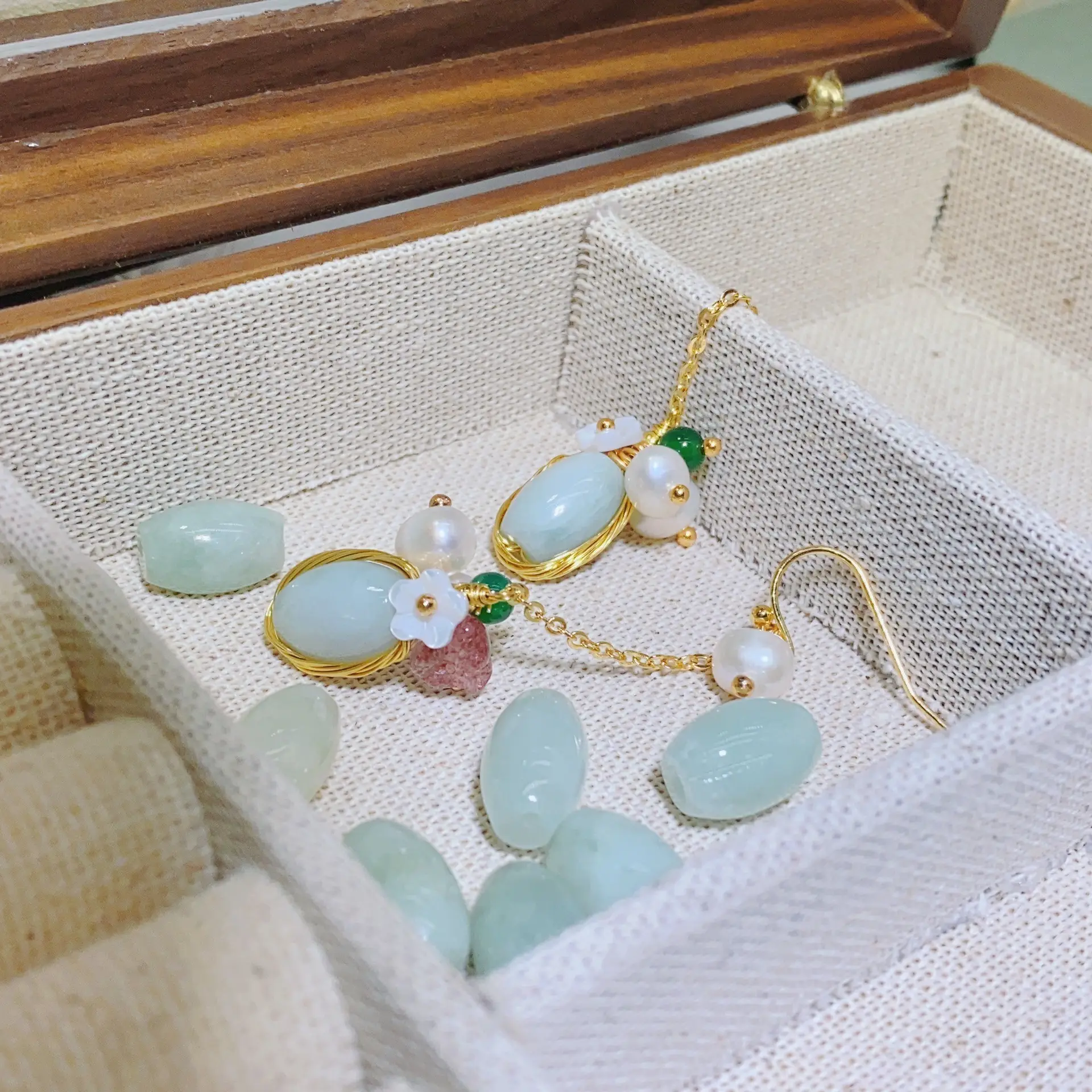 Chinese Court Style Pearl Earrings with Green & Pink Accents — feature 14