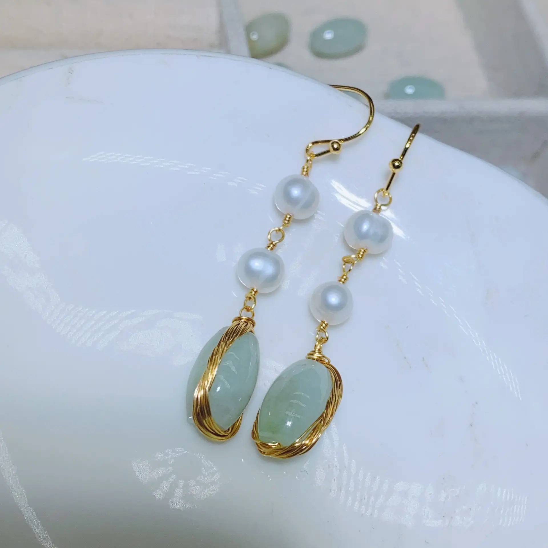 Chinese Court Style Pearl Earrings with Green & Pink Accents — feature 15