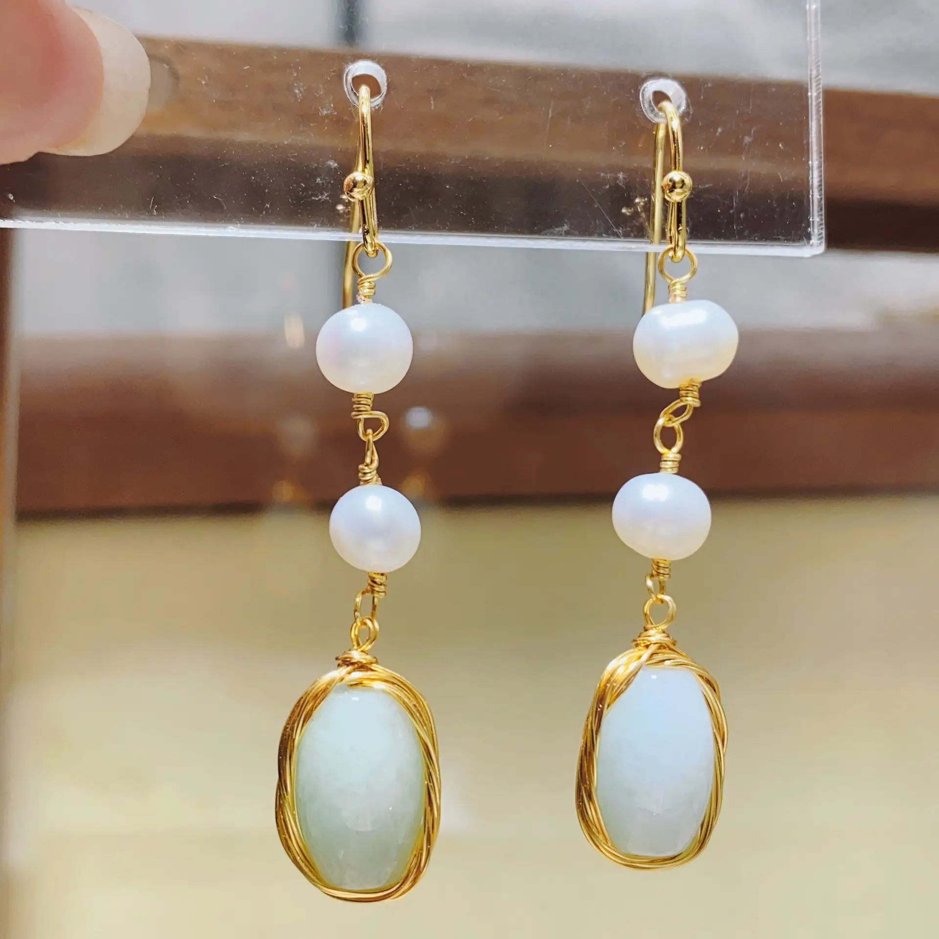 Chinese Court Style Pearl Earrings with Green & Pink Accents — feature 3