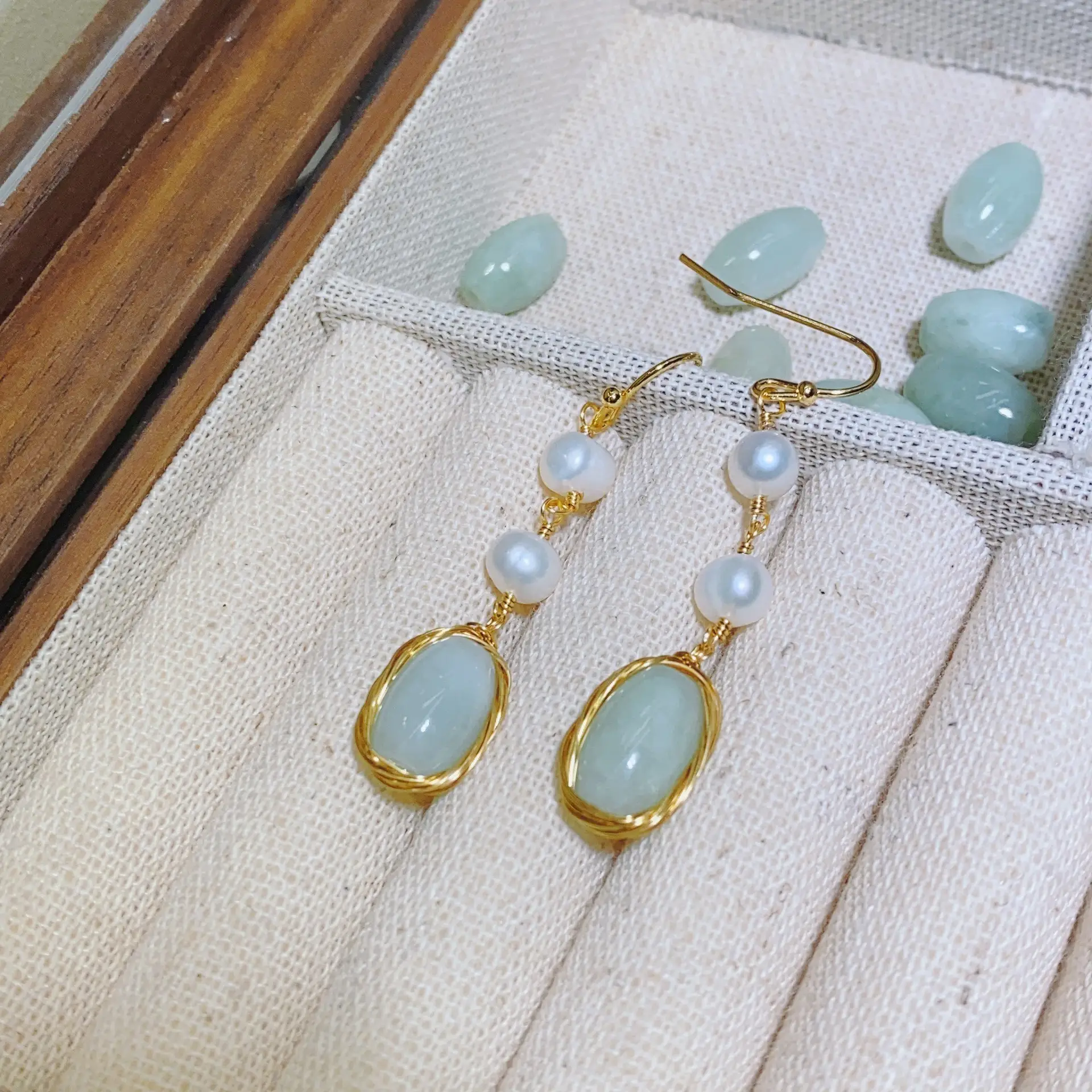 Chinese Court Style Pearl Earrings with Green & Pink Accents — feature 5