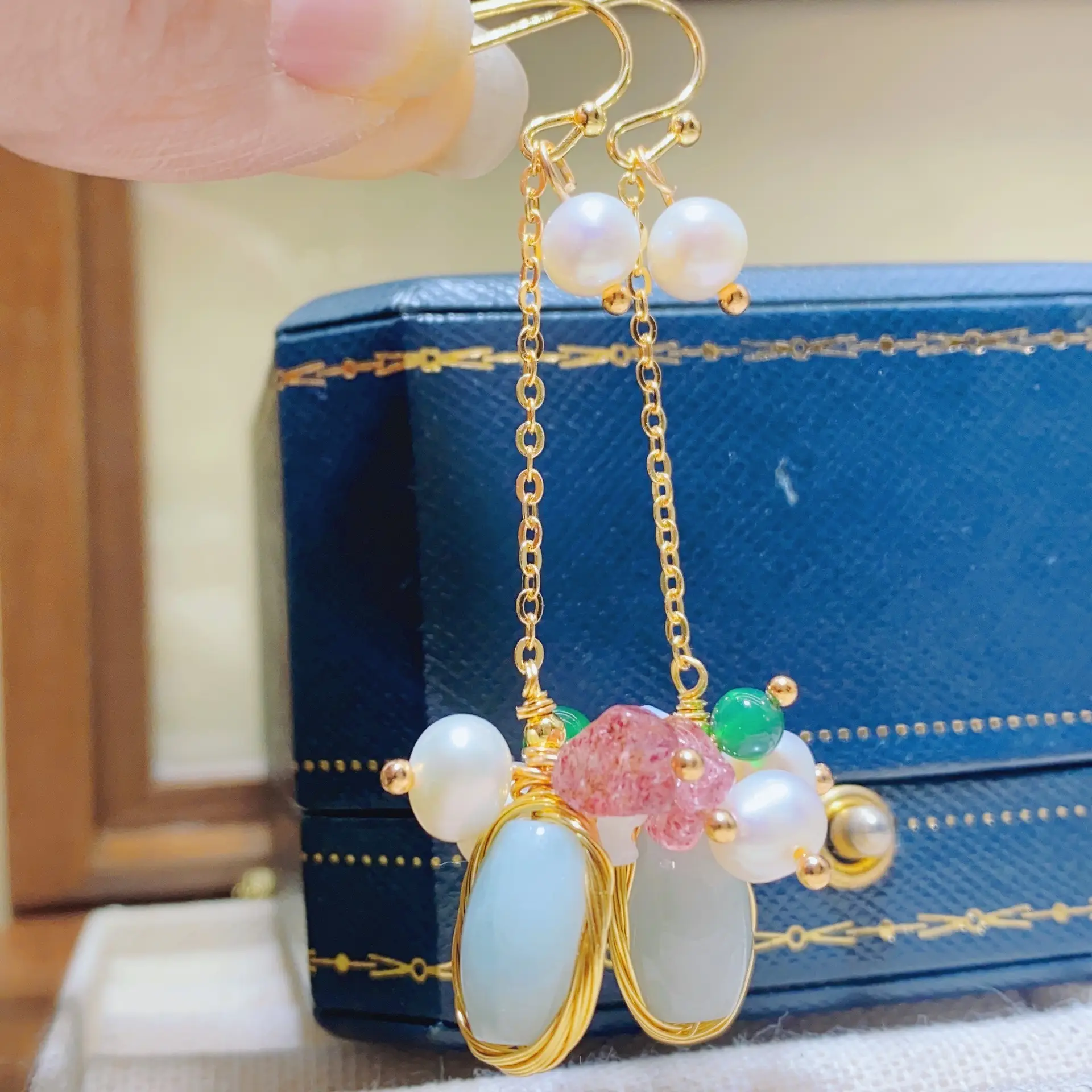 Chinese Court Style Pearl Earrings with Green & Pink Accents — feature 6