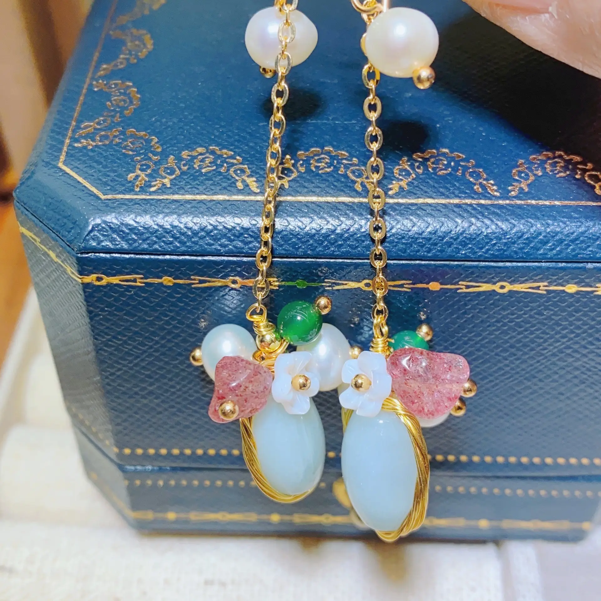 Chinese Court Style Pearl Earrings with Green & Pink Accents — feature 8