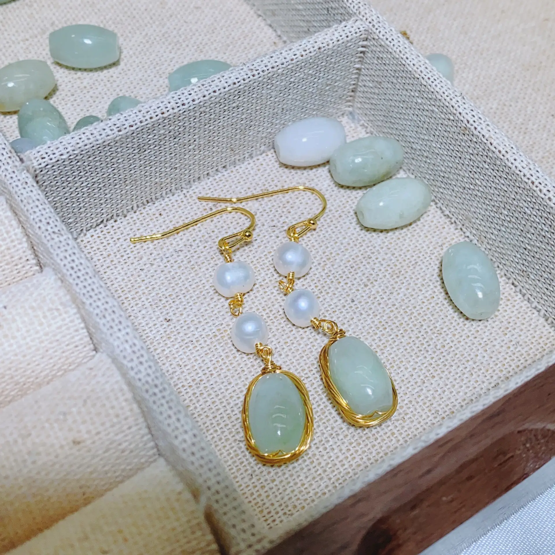 Chinese Court Style Pearl Earrings with Green & Pink Accents — feature 9