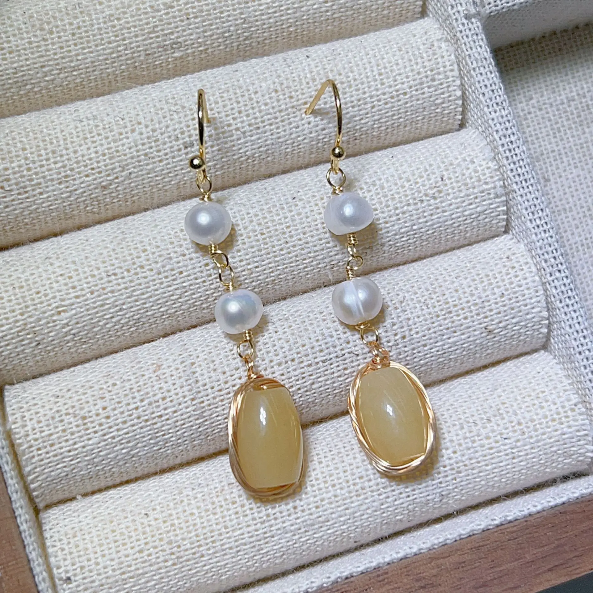 Chinese Court Style Pearl Earrings with Green & Pink Accents