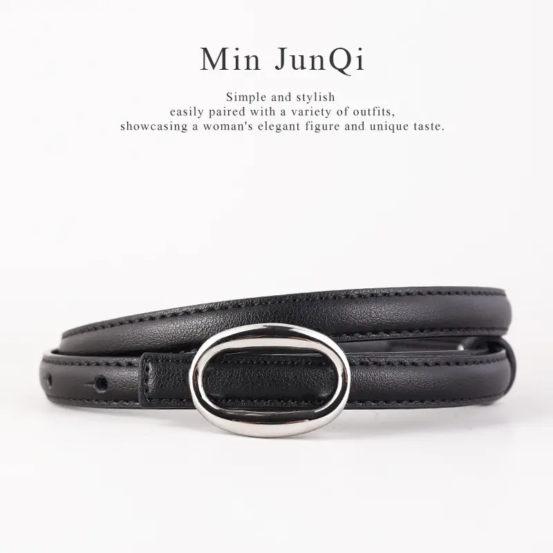Women's Black Leather Belt with Silver Buckle - Image 4