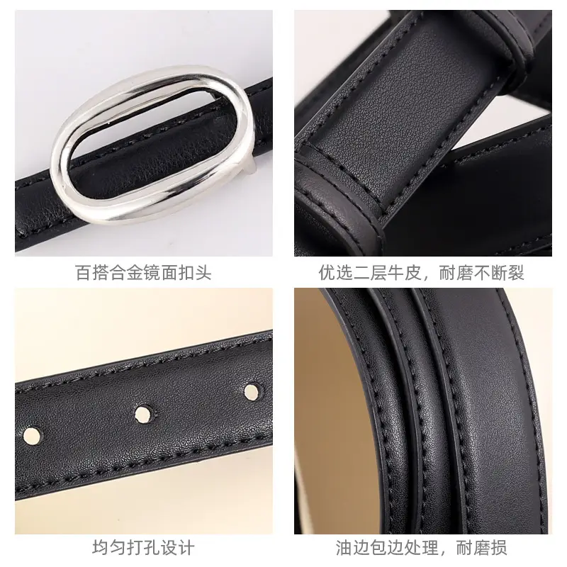 Women's Black Leather Belt with Silver Buckle - Image 6