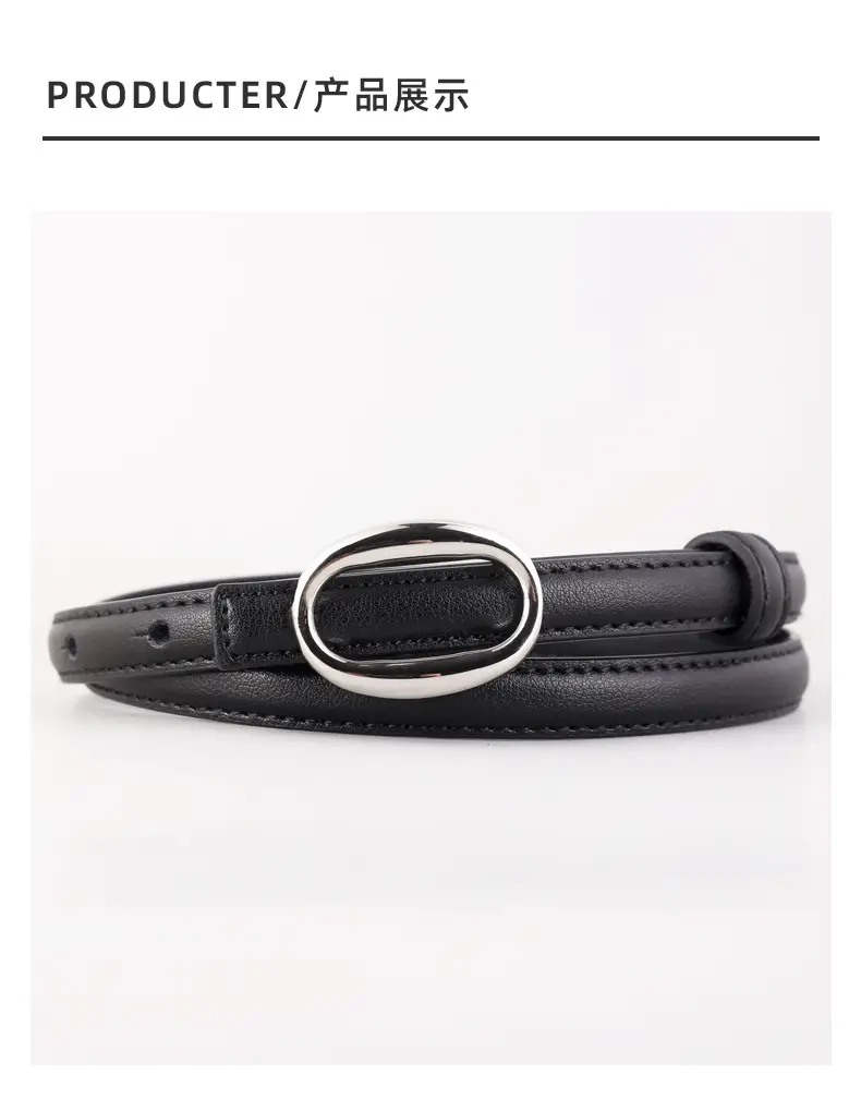 Women's Black Leather Belt with Silver Buckle — feature 36