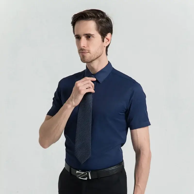 Men White Short Sleeve Square Collar Shirt - Image 19