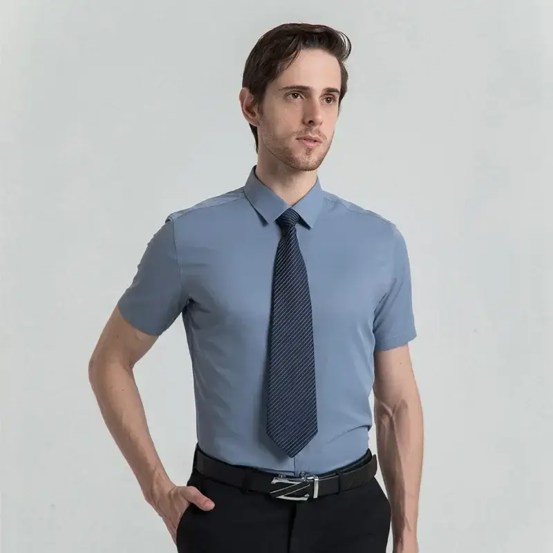Men White Short Sleeve Square Collar Shirt - Image 34