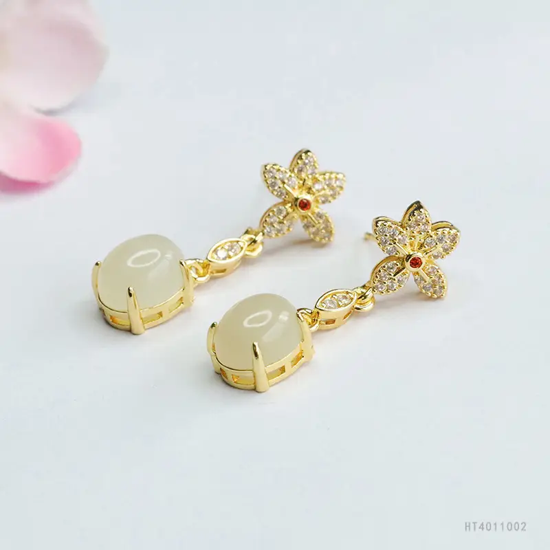 Guan Yu Jade Claw Earrings Flower Design Gold Plated - Image 3