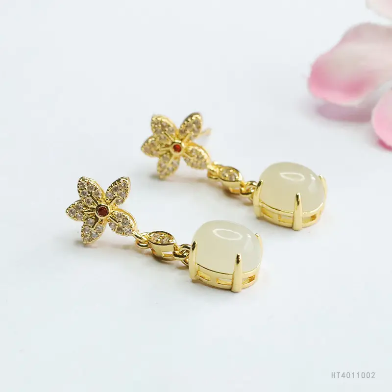 Guan Yu Jade Claw Earrings Flower Design Gold Plated - Image 4