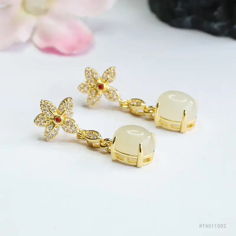 Guan Yu Jade Claw Earrings Flower Design Gold Plated - Image 5