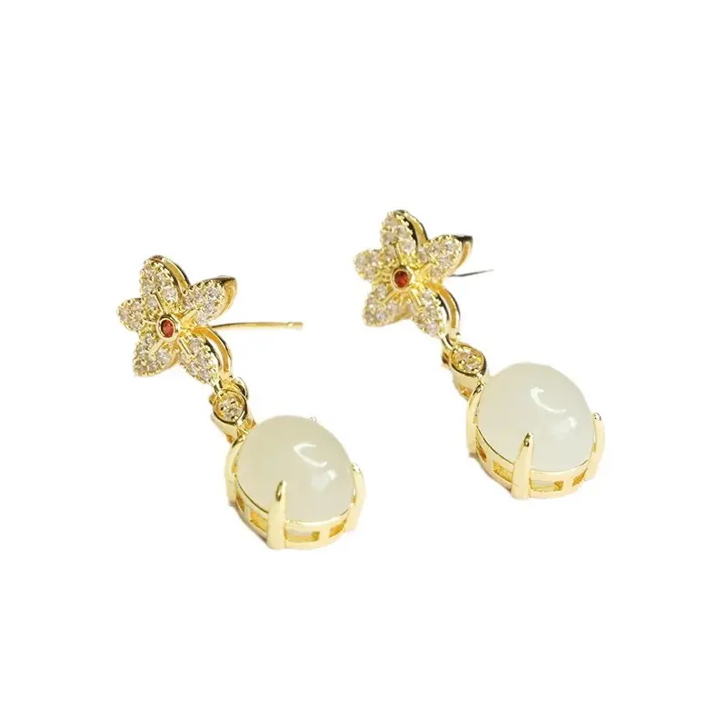 Guan Yu Jade Claw Earrings Flower Design Gold Plated - Image 6