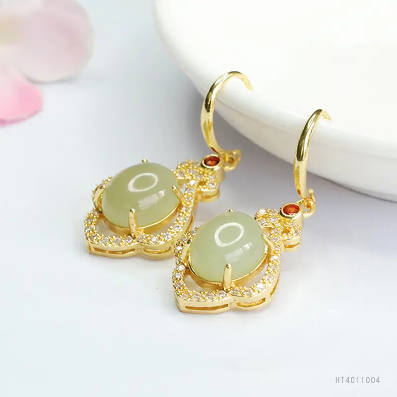 Guan Yu Jade Earrings Clear Water Green Gold - Image 3
