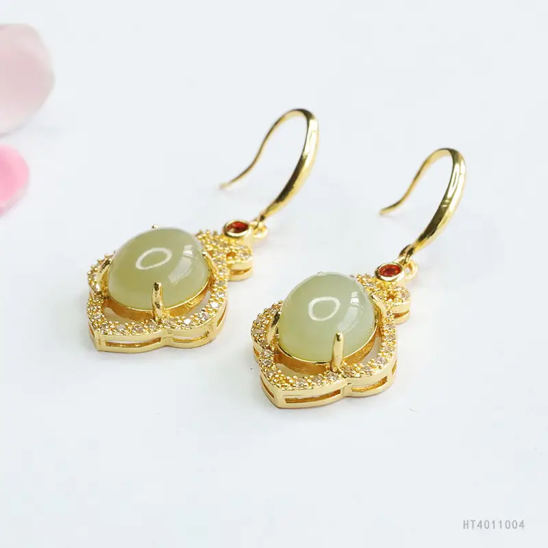 Guan Yu Jade Earrings Clear Water Green Gold - Image 5