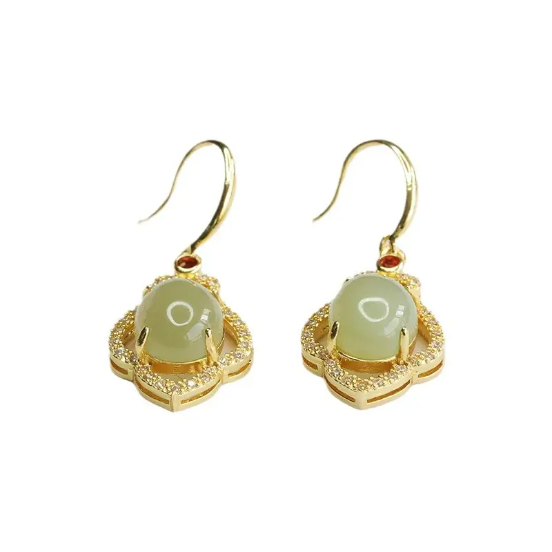 Guan Yu Jade Earrings Clear Water Green Gold - Image 6