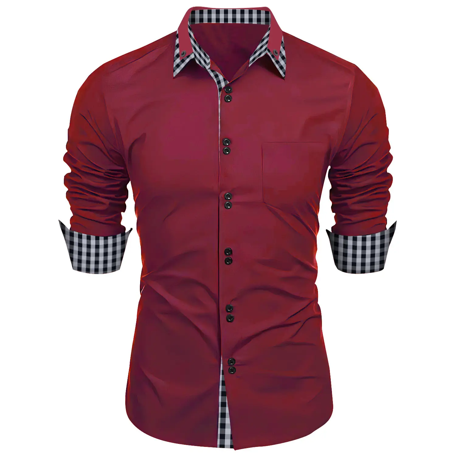 Men's Pink Plaid Slim Fit Shirt Long Sleeve - Image 12