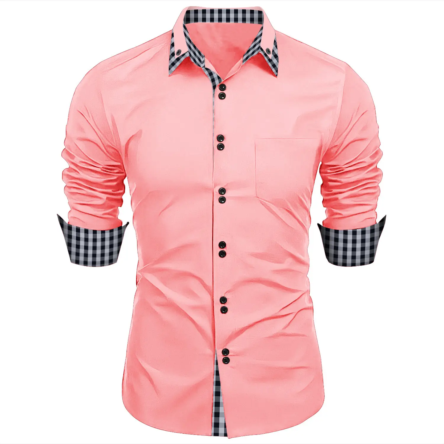 Men's Pink Plaid Slim Fit Shirt Long Sleeve - Image 7