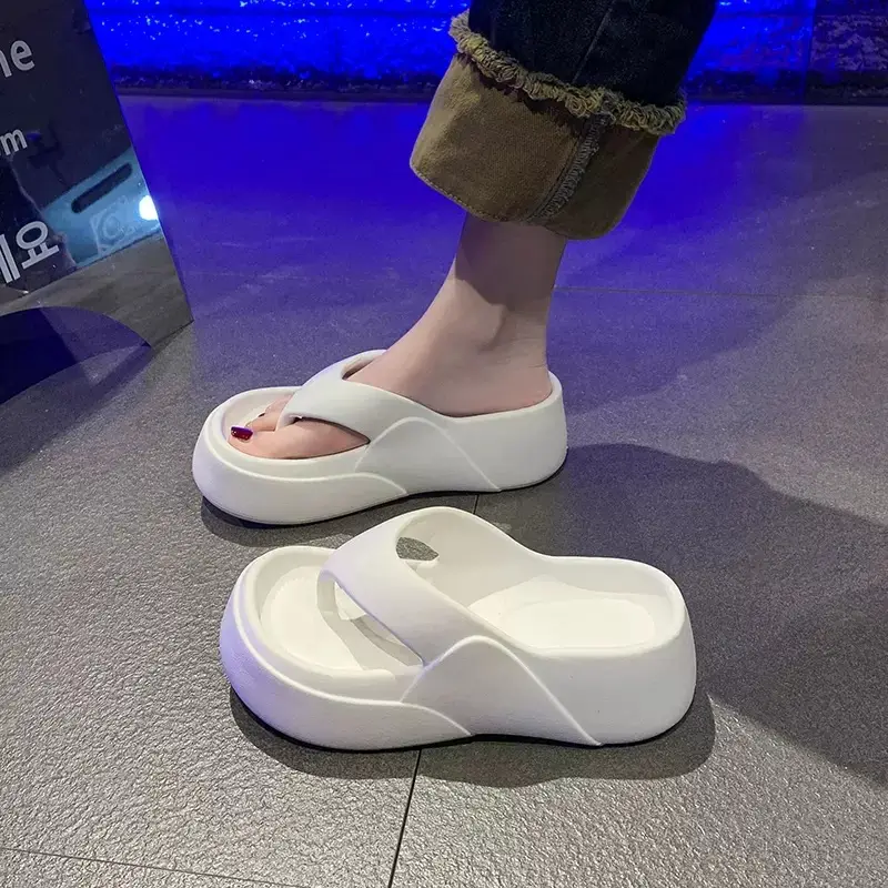 Elegant style solid color outdoor muffin sandals women's summer flip-flops home thick bottom non-slip flip-flops bathroom bath slippers - Image 5