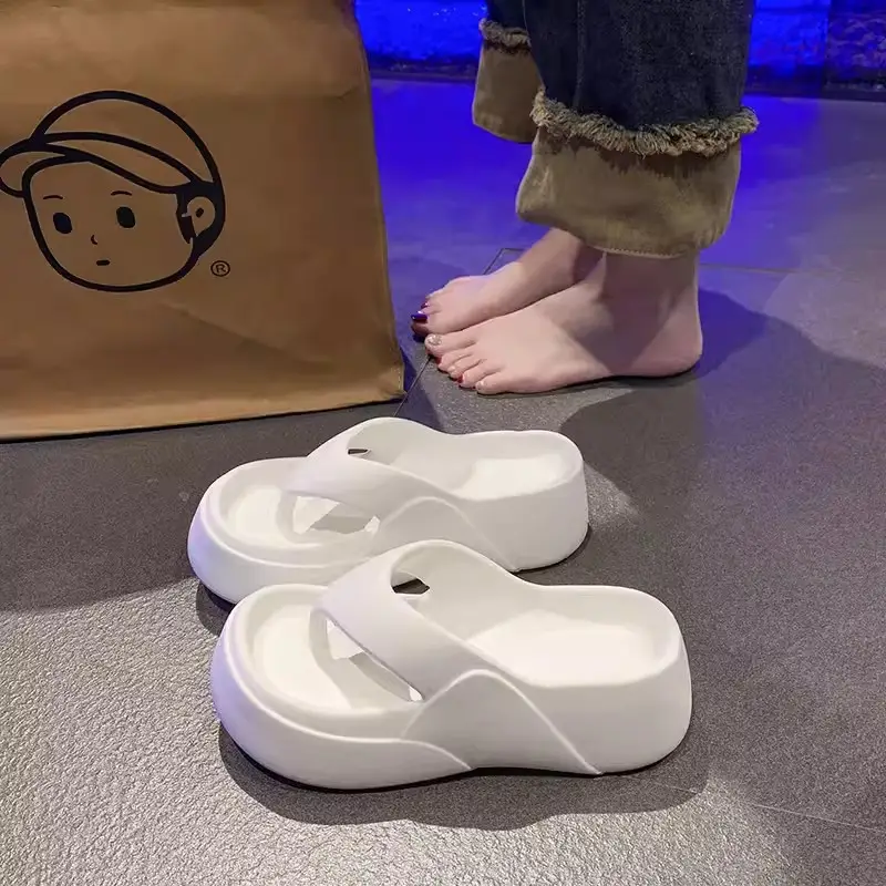 Elegant style solid color outdoor muffin sandals women's summer flip-flops home thick bottom non-slip flip-flops bathroom bath slippers - Image 6