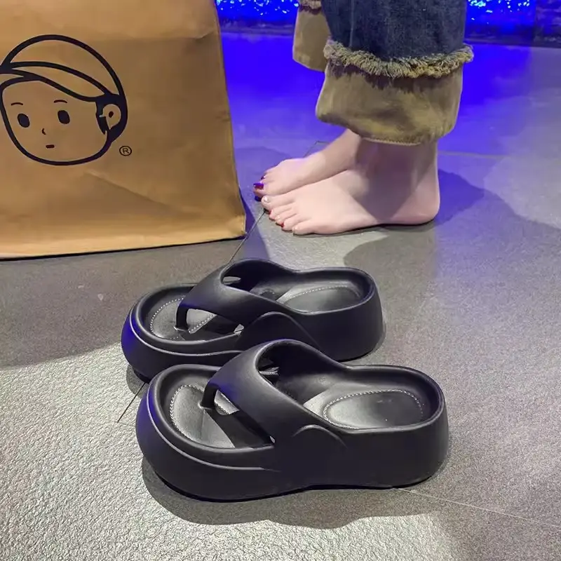Elegant style solid color outdoor muffin sandals women's summer flip-flops home thick bottom non-slip flip-flops bathroom bath slippers - Image 7